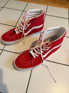 Vans Red and White High-Top Skate Sneakers